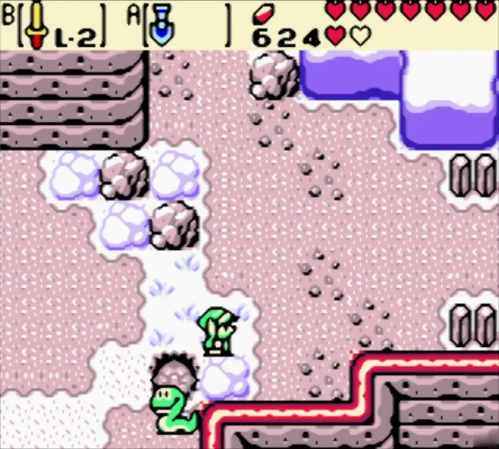 Link facing a spiny creature crawling across the snow Link facing a spiny creature crawling across the snow