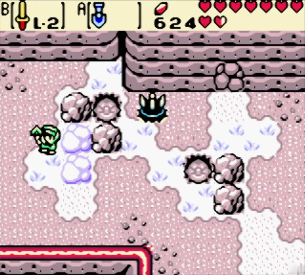 Link on a snow ledge near spiny enemies below the cliff Link on a snow ledge near spiny enemies below the cliff