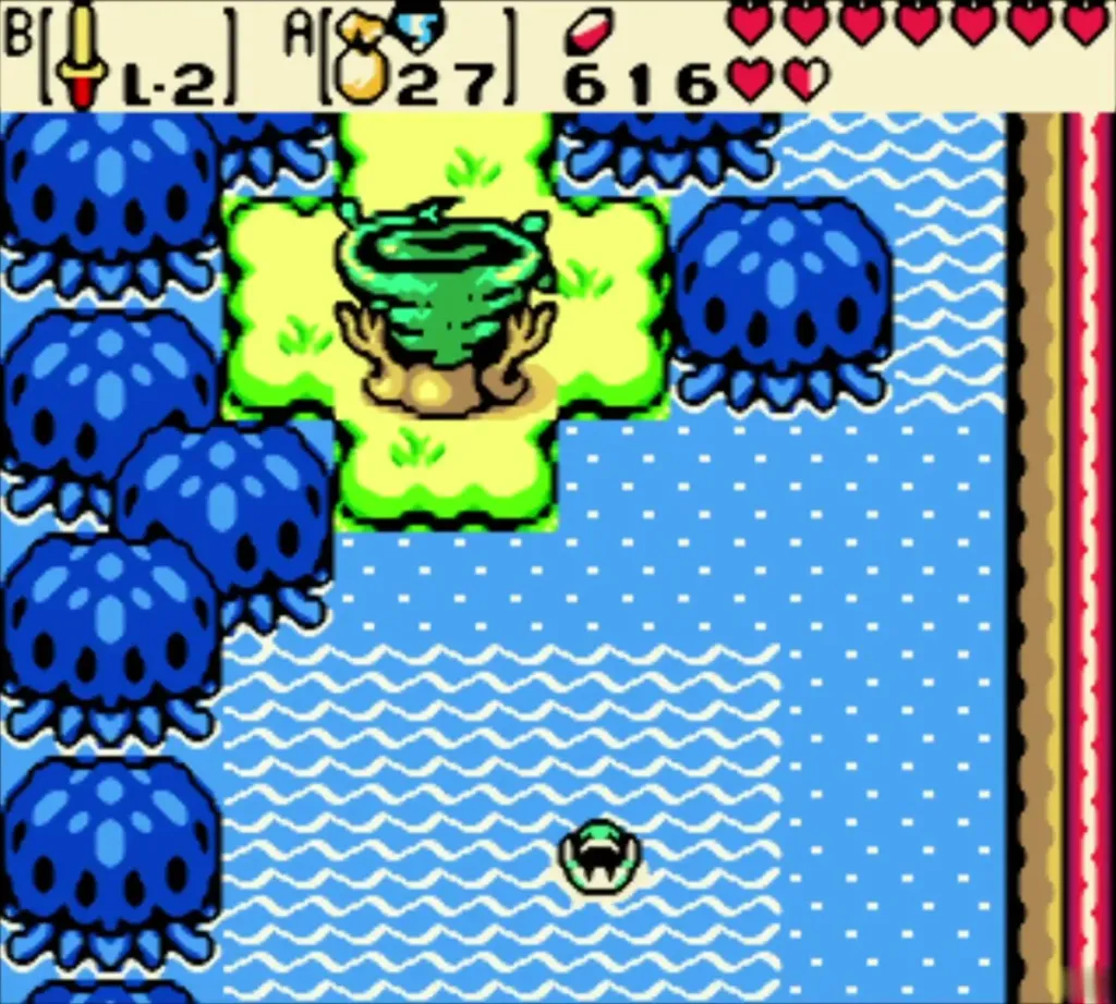 Link swimming in the lake near the stump islet after the Sunken City warp Link swimming in the lake near the stump islet after the Sunken City warp