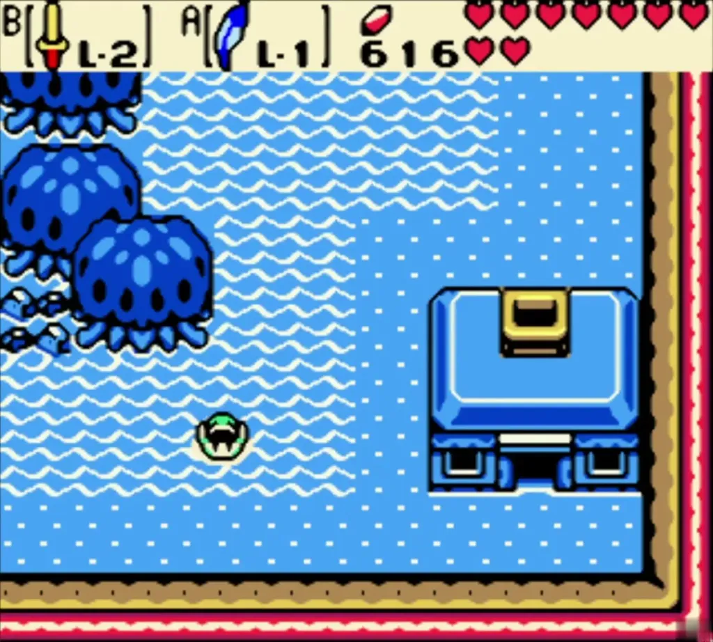 Link swimming across the lake toward the blue house with Zora's Flippers Link swimming across the lake toward the blue house with Zora's Flippers