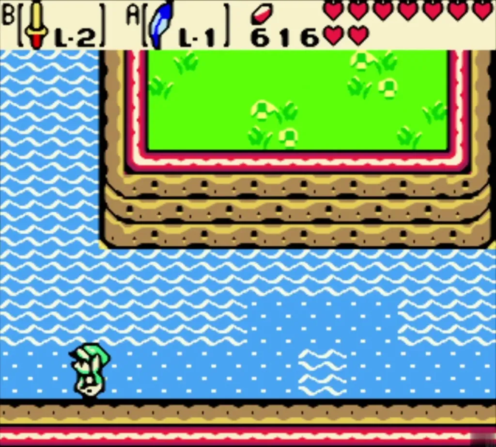 Link swimming west past a grassy cliff along the lake Link swimming west past a grassy cliff along the lake
