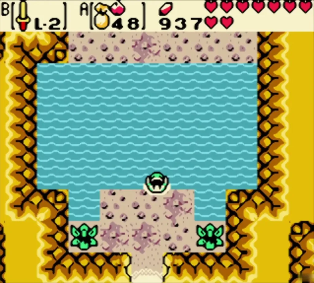 Link swimming across a pool inside the cave with the Flippers Link swimming across a pool inside the cave with the Flippers
