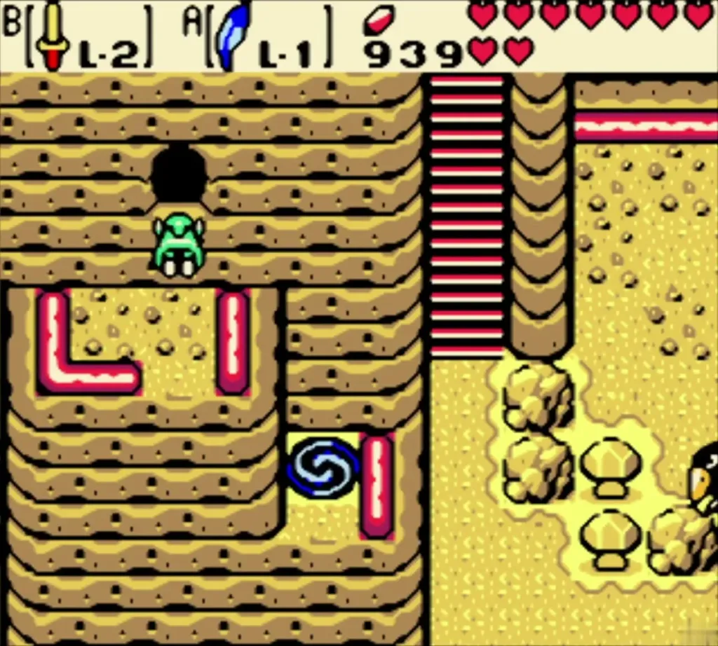 Link reaching the cliff top with the swirl portal tile into Subrosia Link reaching the cliff top with the swirl portal tile into Subrosia