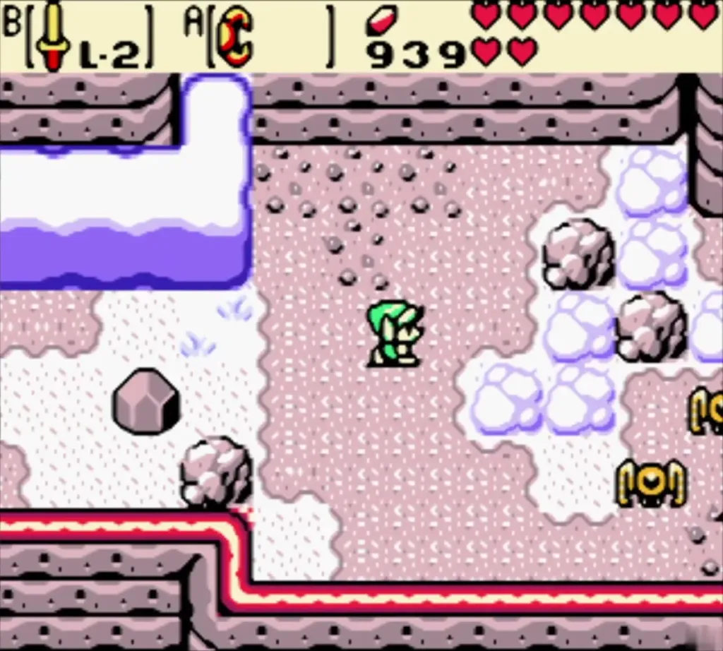 Link walking back through the snowy field with Rocks and crawling creatures Link walking back through the snowy field with Rocks and crawling creatures