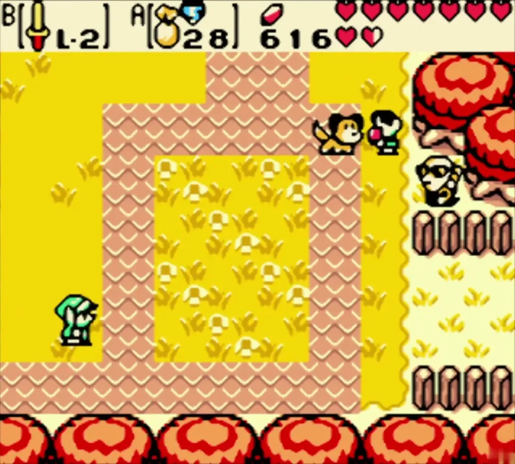 Link walking along a sandy path beside red mushroom trees near the Maku Tree Link walking along a sandy path beside red mushroom trees near the Maku Tree