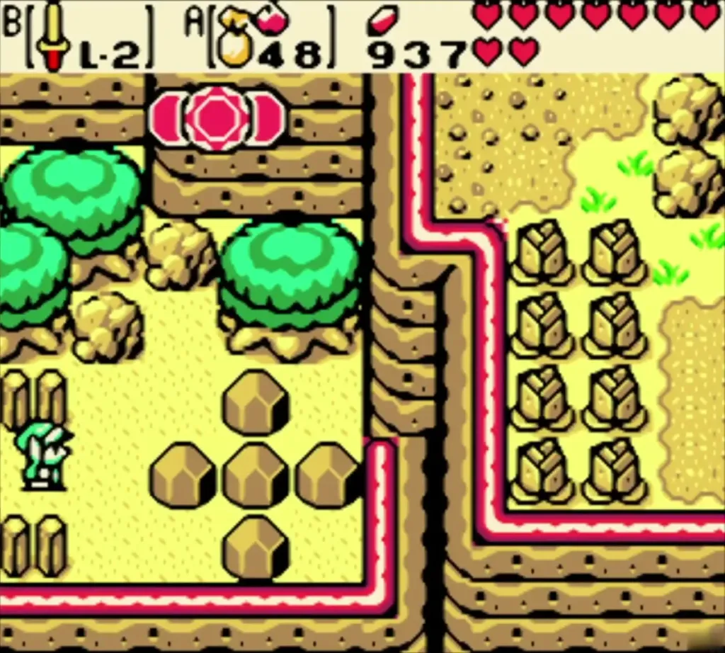Link on the yellow rock field beyond the water, next to a tree Link on the yellow rock field beyond the water, next to a tree