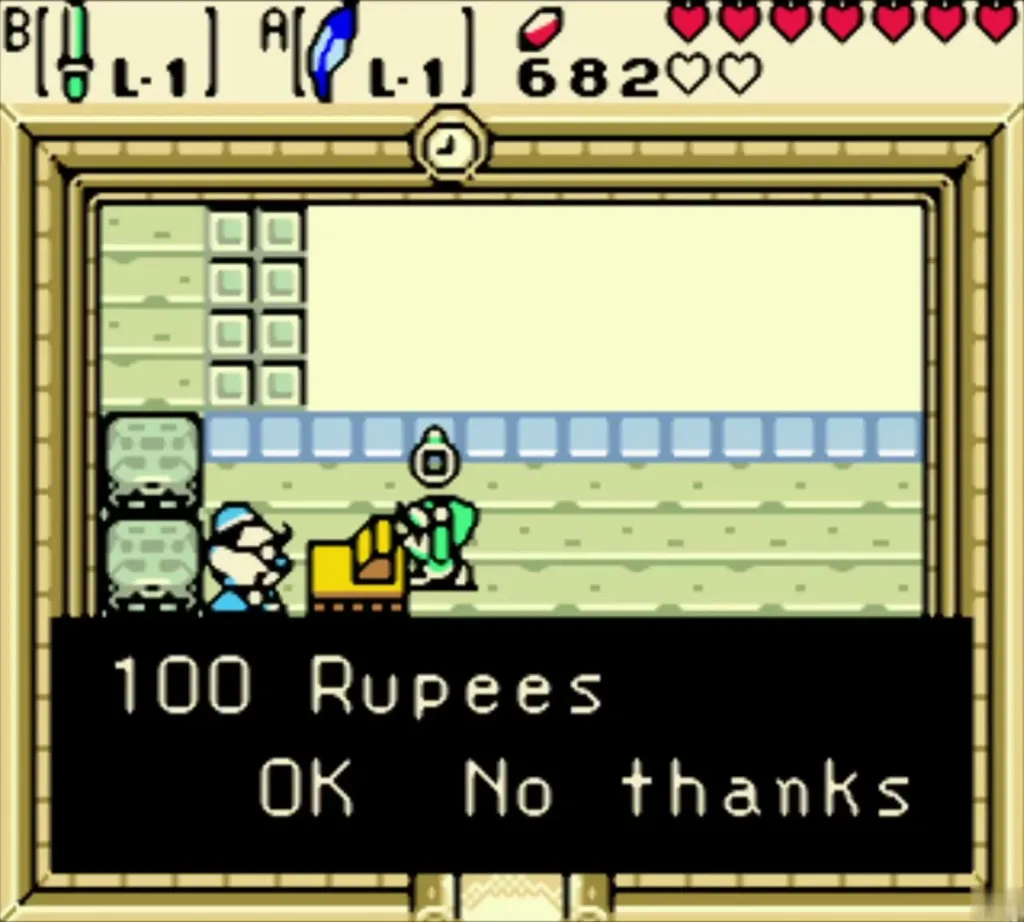 The shopkeeper offering the third shelf item for 100 Rupees with OK and No thanks The shopkeeper offering the third shelf item for 100 Rupees with OK and No thanks
