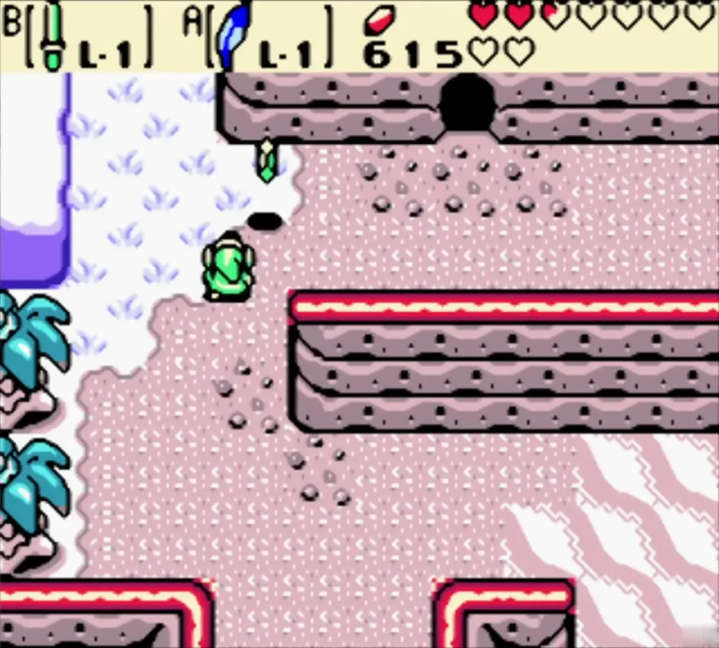 Link low on hearts on the beach path toward the cave with the pool Link low on hearts on the beach path toward the cave with the pool