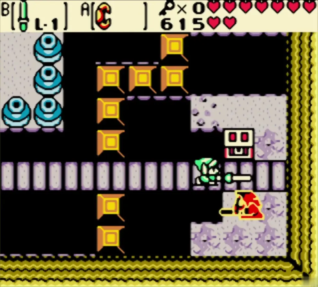 Link striking a red enemy beside the chest at the end of the ledge Link striking a red enemy beside the chest at the end of the ledge