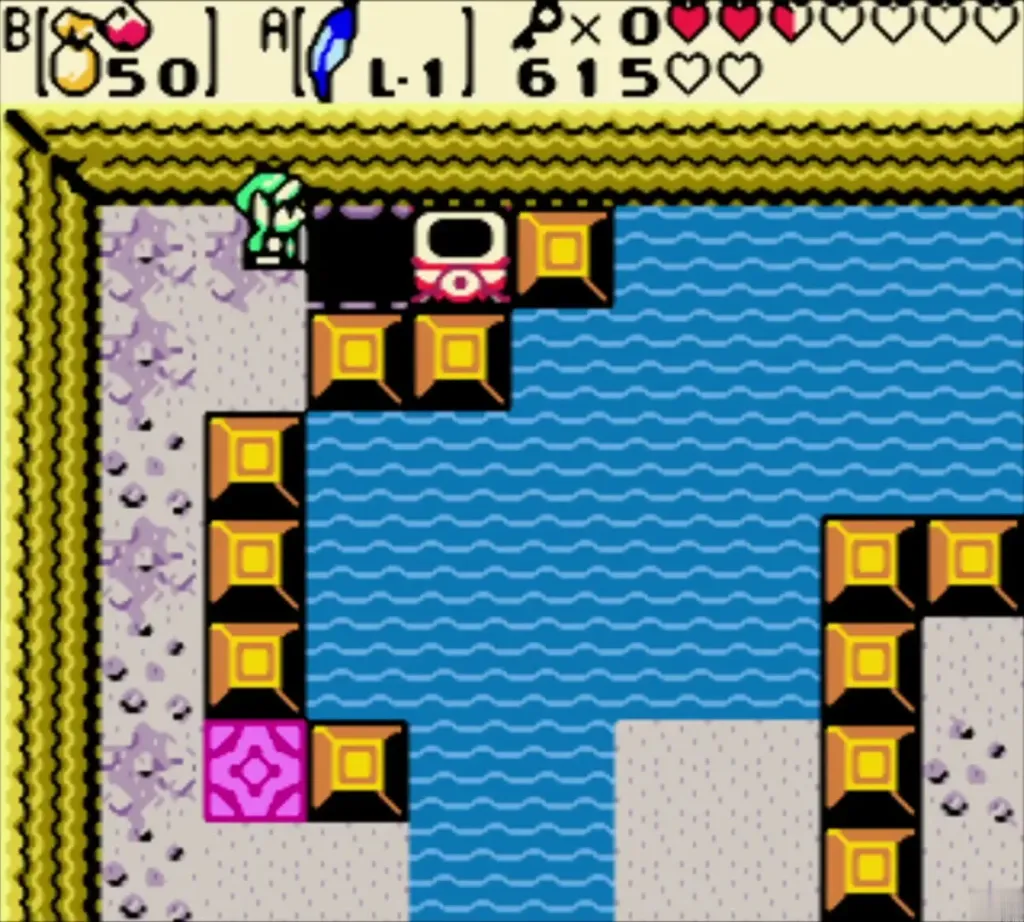 Link on a ledge in a flooded room beside a chest and water Link on a ledge in a flooded room beside a chest and water