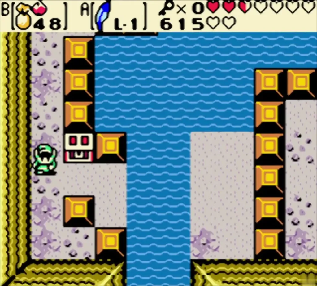 Link on the flooded room ledge beside a white statue block Link on the flooded room ledge beside a white statue block