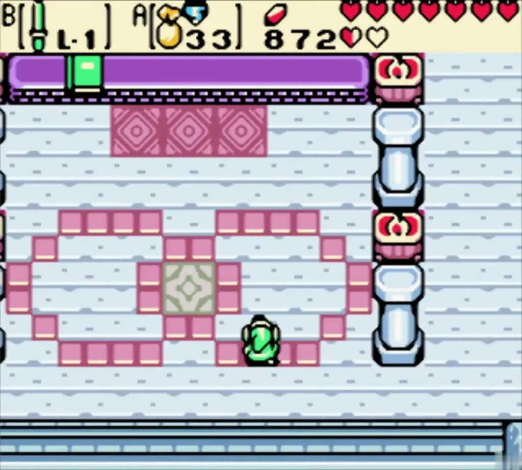 Link walking into the Hall of Secrets with its pink floor rings and pillars Link walking into the Hall of Secrets with its pink floor rings and pillars