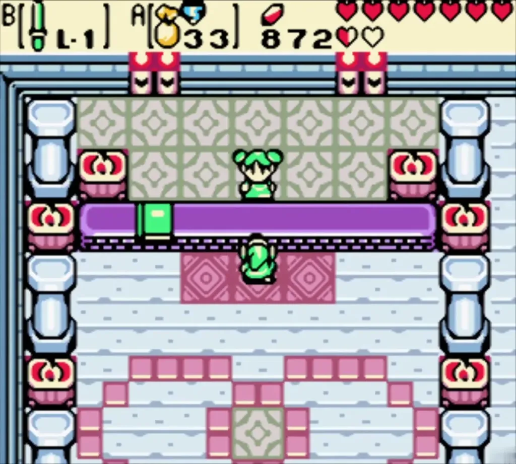 Link facing Farore behind her purple counter in the Hall of Secrets Link facing Farore behind her purple counter in the Hall of Secrets