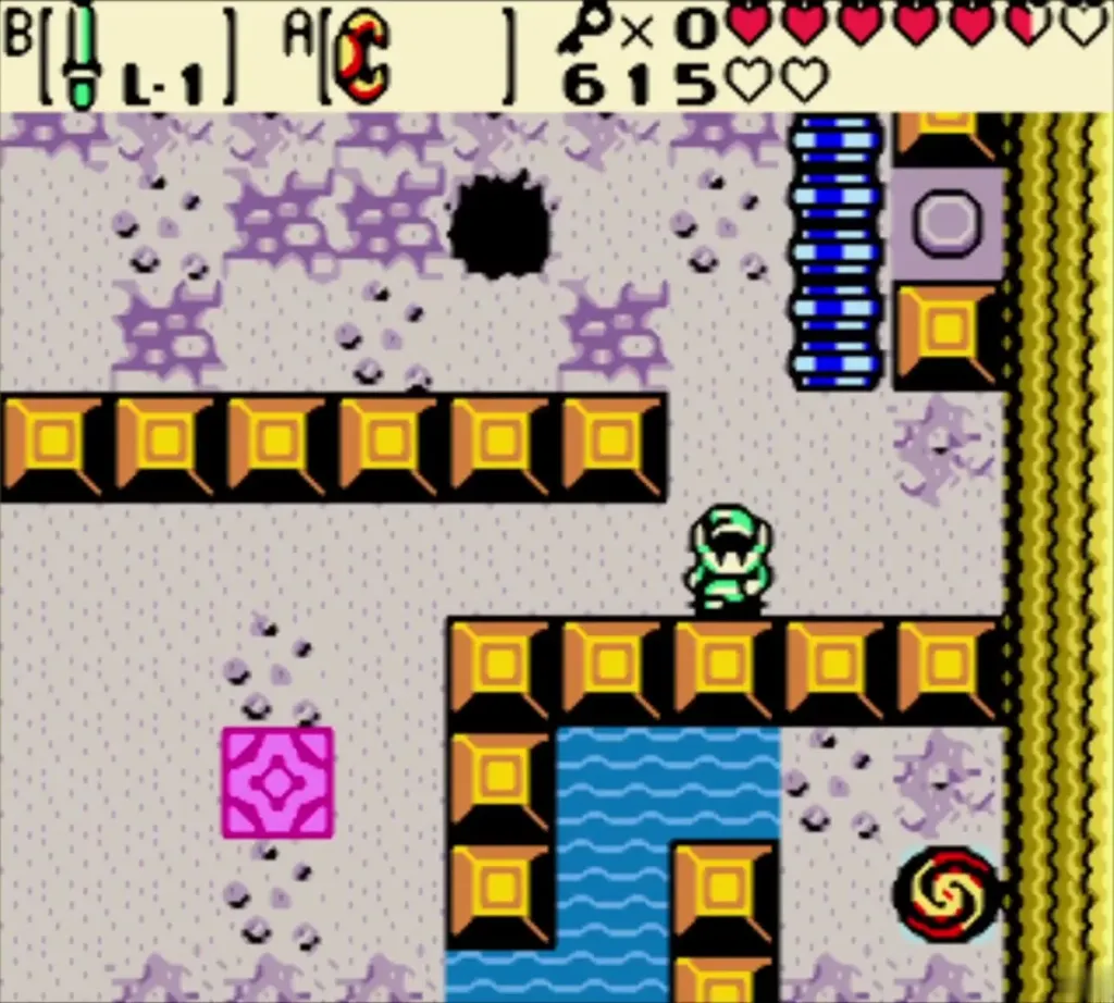 Link entering the room with ladders and a pink block above a pool Link entering the room with ladders and a pink block above a pool