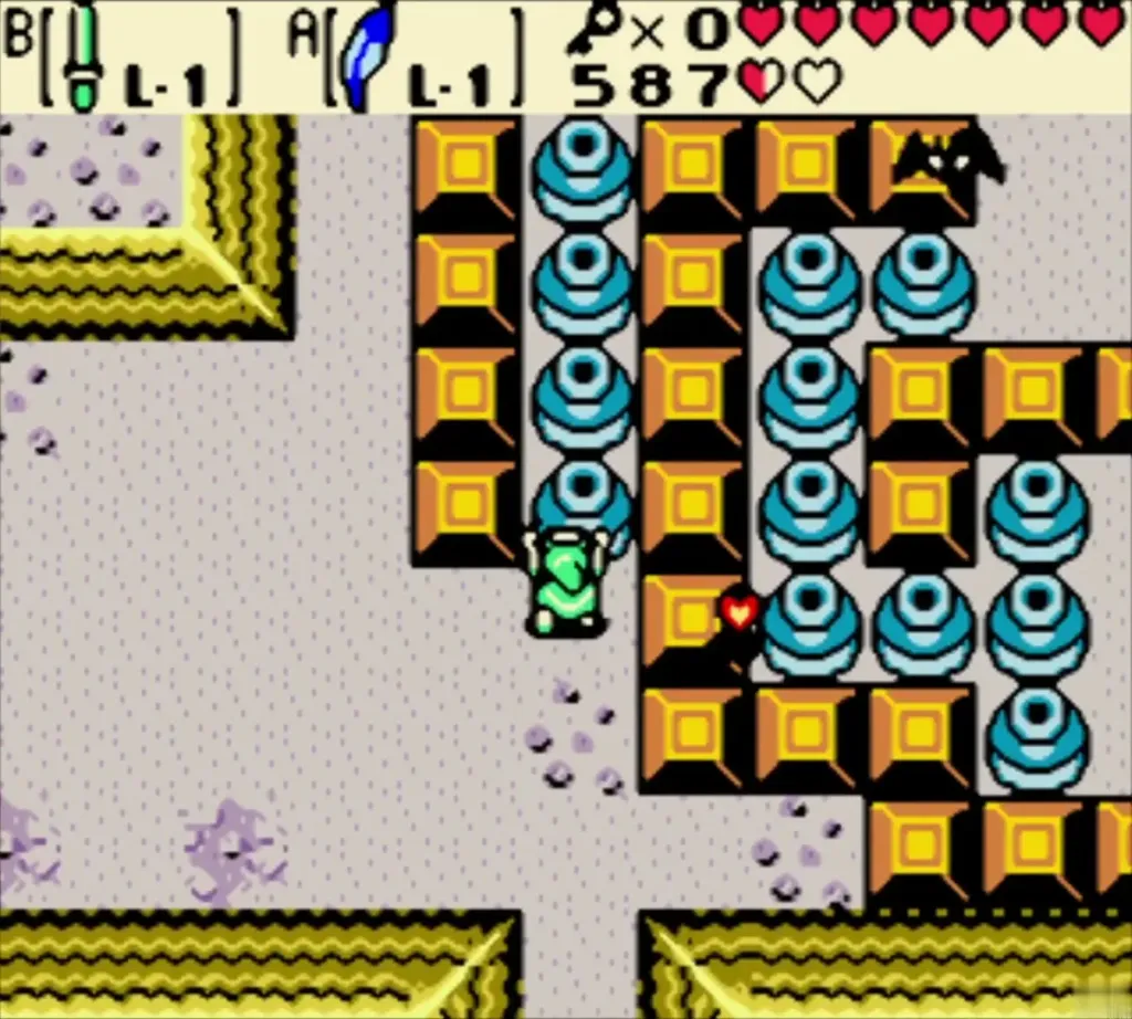 Link in a maze of raised blocks and pots with a Keese flying nearby Link in a maze of raised blocks and pots with a Keese flying nearby