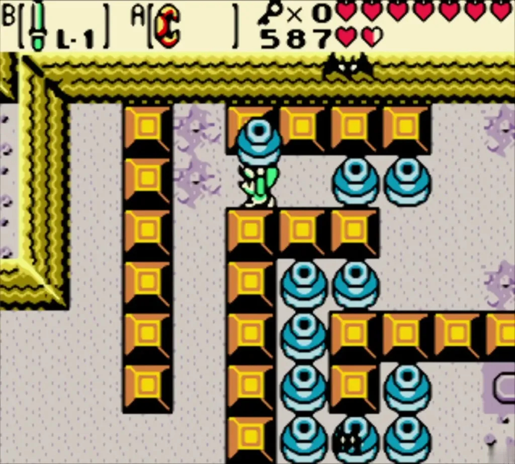 Link working through the raised-block maze beside pots with a Keese below Link working through the raised-block maze beside pots with a Keese below