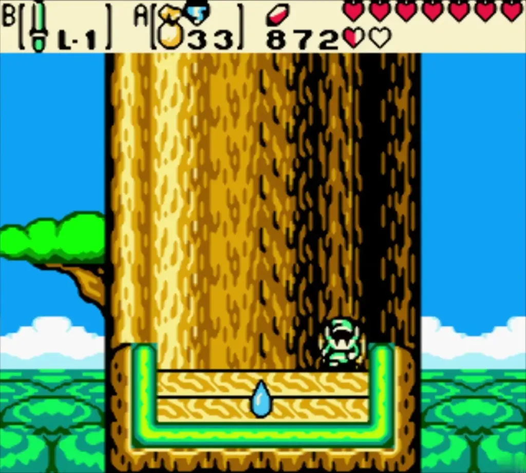 Link in the hollow Maku Tree trunk beside a Gasha Seed on the floor Link in the hollow Maku Tree trunk beside a Gasha Seed on the floor