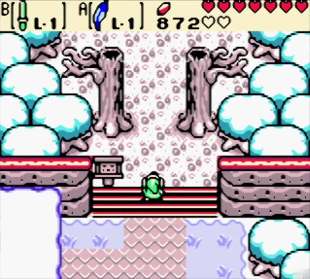 Link at the stairs below the snow-covered Maku Tree Link at the stairs below the snow-covered Maku Tree