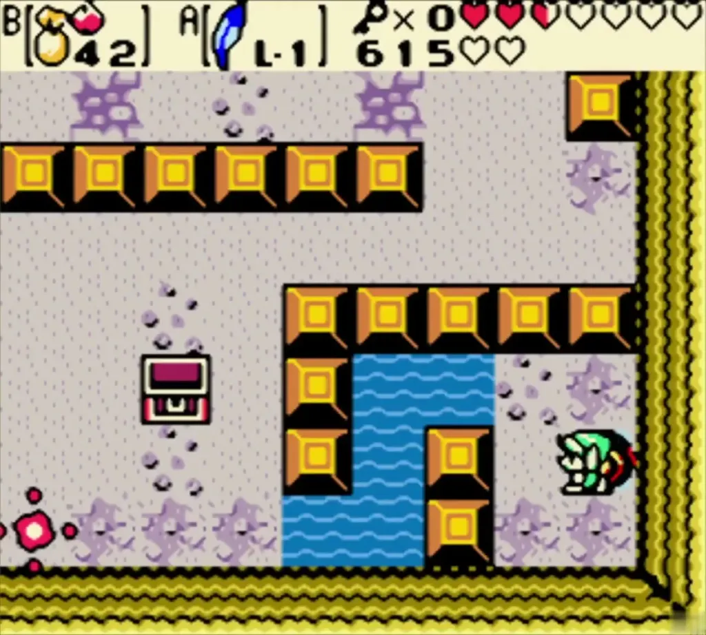 Link at the teleporter swirl beside the unopened chest with few hearts left Link at the teleporter swirl beside the unopened chest with few hearts left