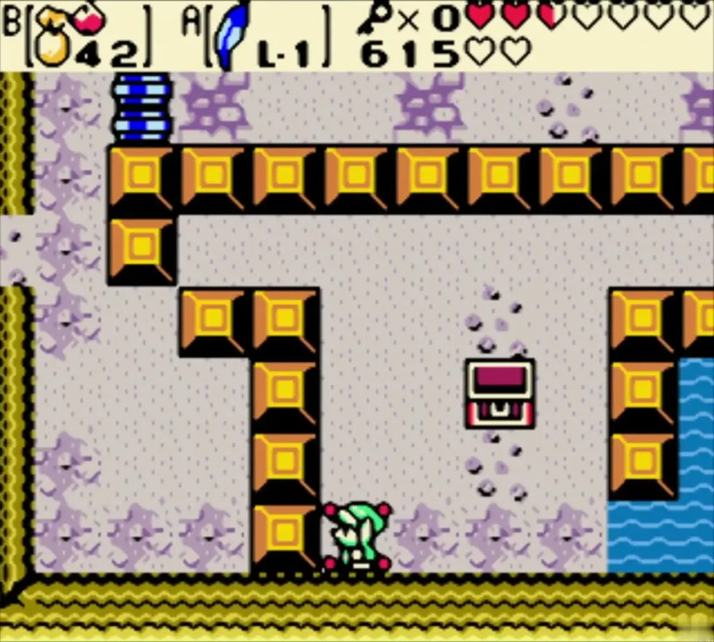 Link walking past the unopened chest in the cave room Link walking past the unopened chest in the cave room