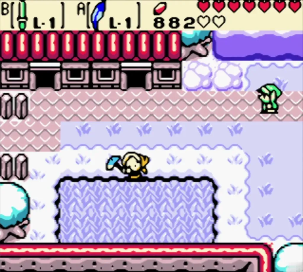 Link following the snowy paths of Horon Village toward the shop Link following the snowy paths of Horon Village toward the shop