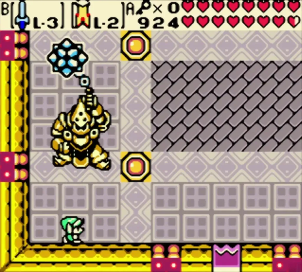 Armored Onox swinging his ball and chain in the boss room with Link near the bottom left Armored Onox swinging his ball and chain in the boss room with Link near the bottom left