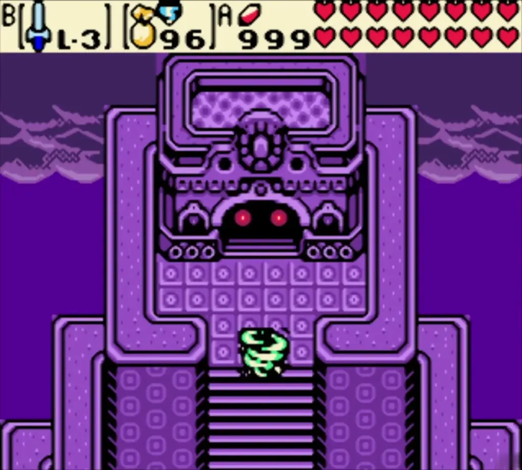 Link at the base of Onox's Castle beside the purple wall with a carved face Link at the base of Onox's Castle beside the purple wall with a carved face