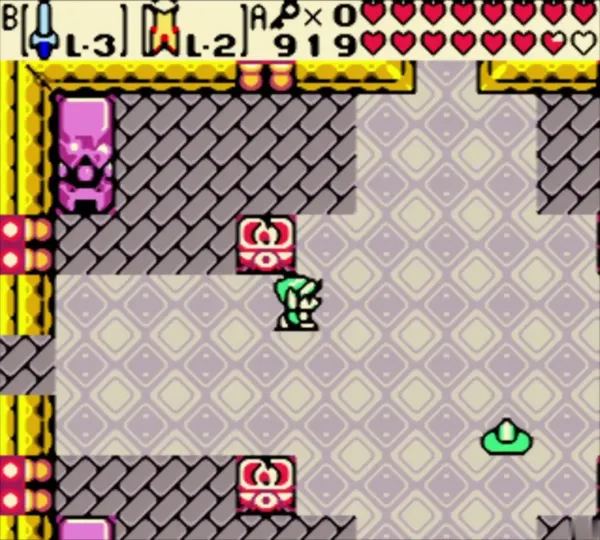 Link in a lilac checkered castle room with a fairy at the right edge Link in a lilac checkered castle room with a fairy at the right edge