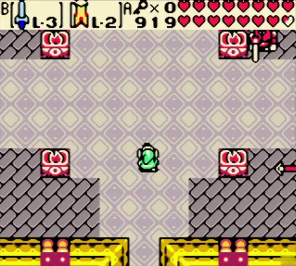 Link in a lilac checkered castle room with an enemy in the upper right corner Link in a lilac checkered castle room with an enemy in the upper right corner