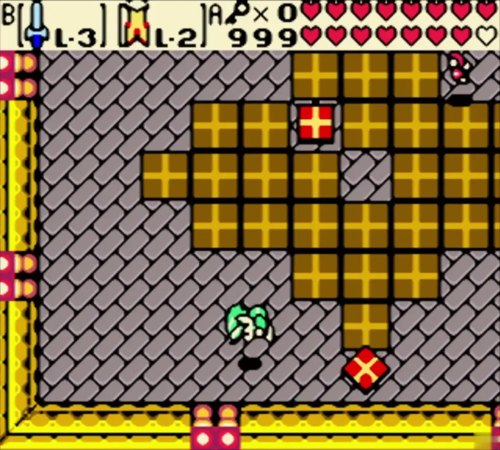 Link in a grey tiled castle room with gold block patterns Link in a grey tiled castle room with gold block patterns
