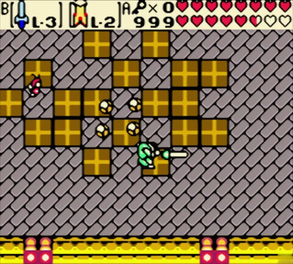 Link in a grey tiled castle room with gold blocks and a red and white enemy Link in a grey tiled castle room with gold blocks and a red and white enemy