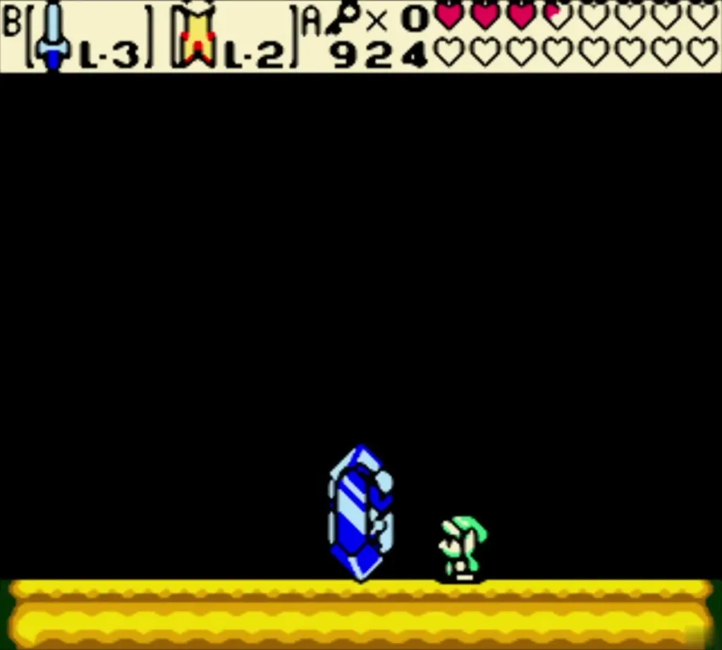 Din's blue crystal standing in the dark arena beside Link Din's blue crystal standing in the dark arena beside Link