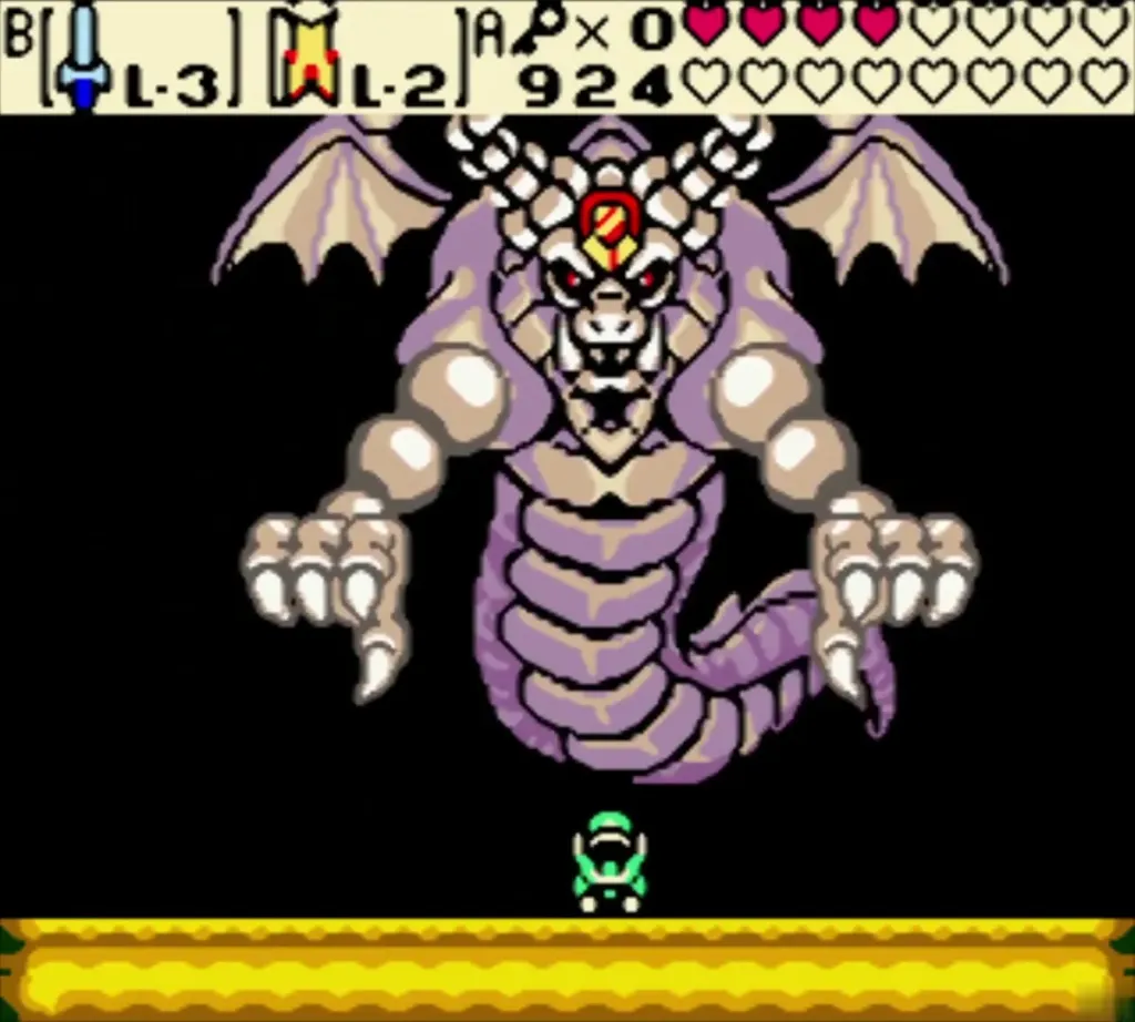 Link below the dragon's jeweled head before leaping at it Link below the dragon's jeweled head before leaping at it