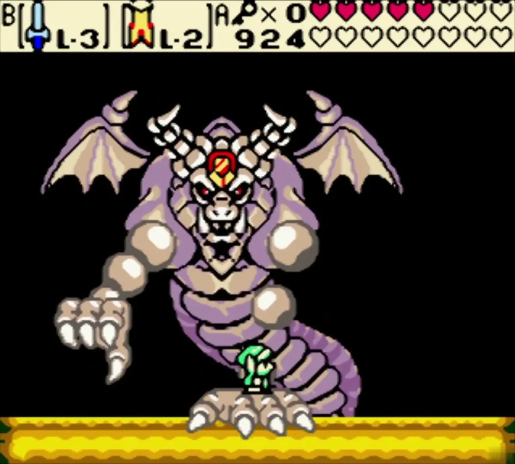 Link standing on the dragon's claw as it rises from the arena Link standing on the dragon's claw as it rises from the arena