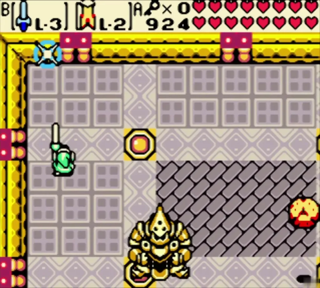 Link with his sword raised at the top left of the boss room while armored Onox sits in the bottom corner Link with his sword raised at the top left of the boss room while armored Onox sits in the bottom corner