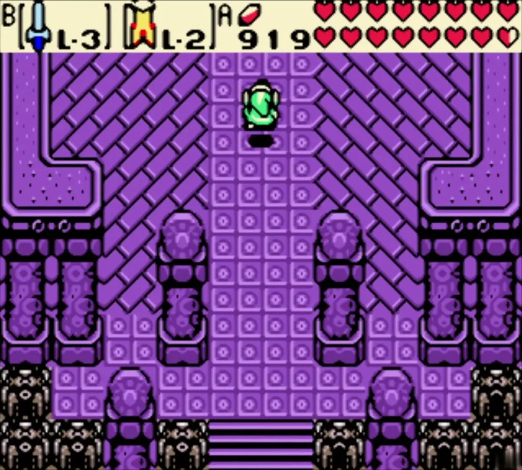 Link walking up the purple entrance hall inside Onox's Castle Link walking up the purple entrance hall inside Onox's Castle