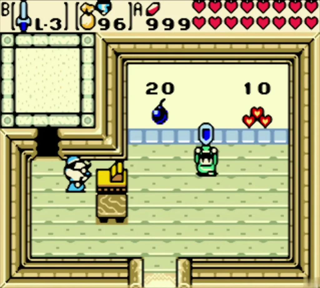 Link inside the Horon Village Shop with the shopkeeper behind the counter and goods on the shelves Link inside the Horon Village Shop with the shopkeeper behind the counter and goods on the shelves