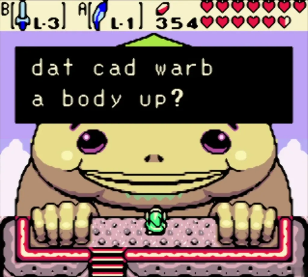Biggoron asking Link whether he has anything to warm his body up Biggoron asking Link whether he has anything to warm his body up