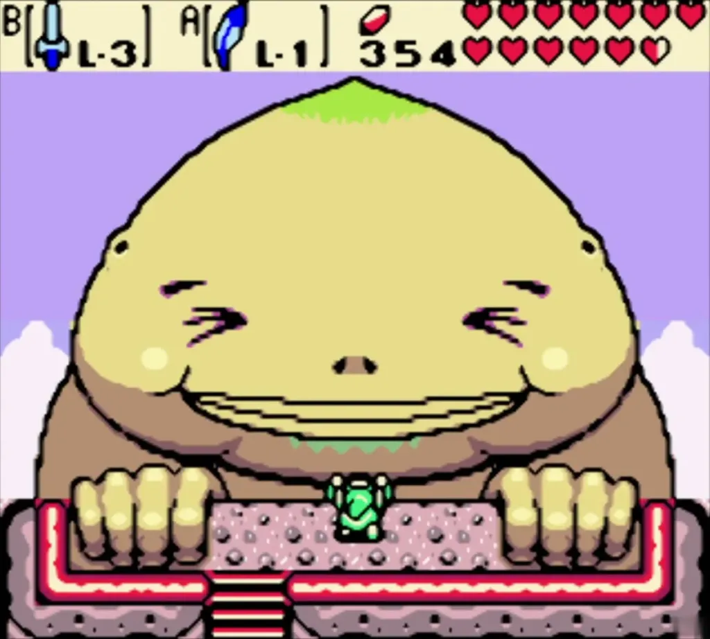 Biggoron's large round body filling the screen in his room on the snowy mountain Biggoron's large round body filling the screen in his room on the snowy mountain