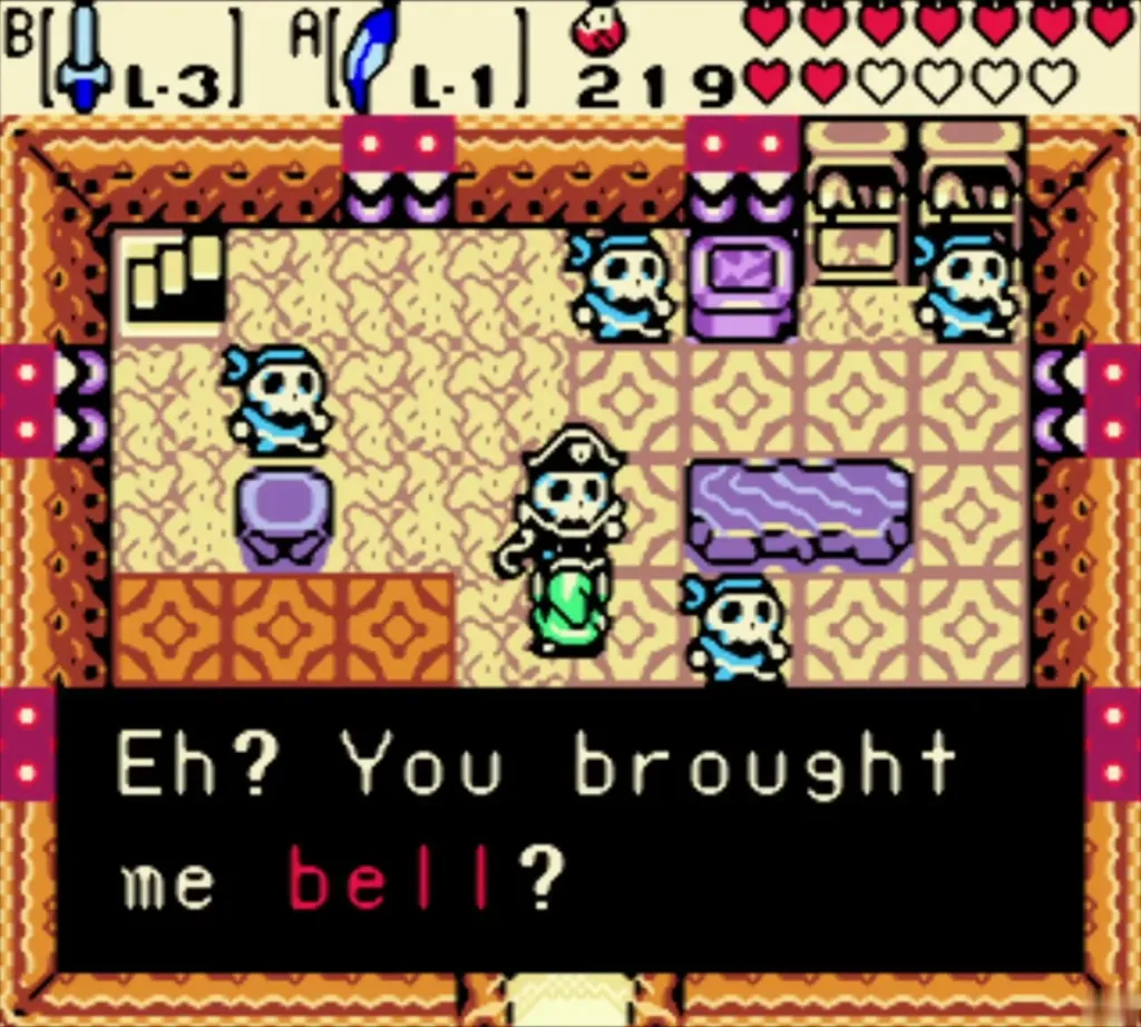 Link holding the Rusty Bell as the pirate captain says he brought him the bell Link holding the Rusty Bell as the pirate captain says he brought him the bell