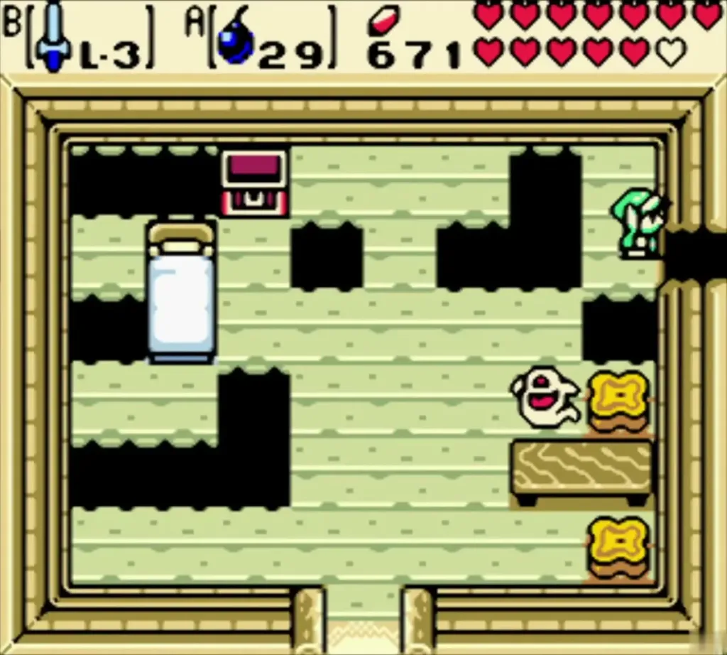 Link in the cottage room with its chest after collecting the Bombs Link in the cottage room with its chest after collecting the Bombs