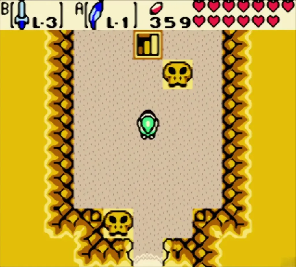Link in a sand chamber ringed by skull rocks in the Samasa Desert Link in a sand chamber ringed by skull rocks in the Samasa Desert