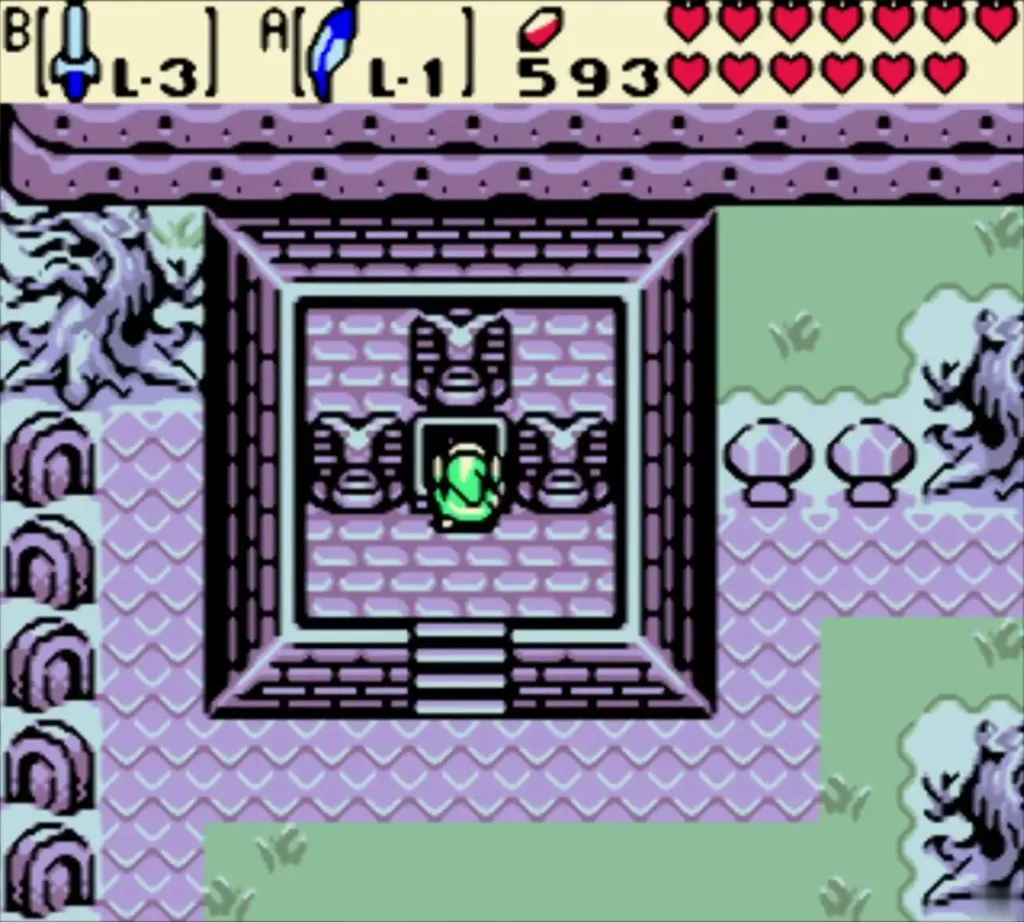 Link at the doorway of the dark stone Explorer's Crypt building Link at the doorway of the dark stone Explorer's Crypt building