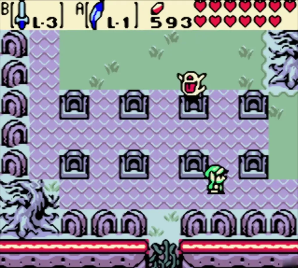 A Ghini enemy among the gravestones in the graveyard with Link nearby A Ghini enemy among the gravestones in the graveyard with Link nearby