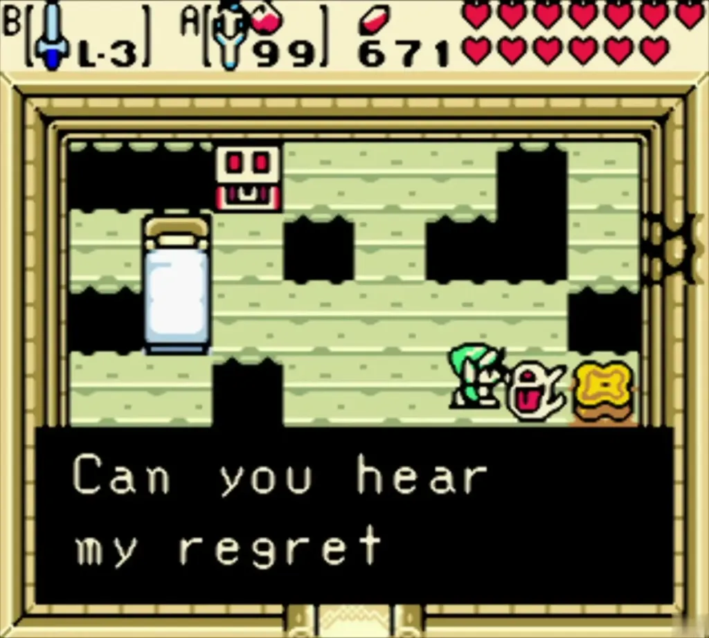 The ghost in the cottage asking Link whether he can hear its regret The ghost in the cottage asking Link whether he can hear its regret