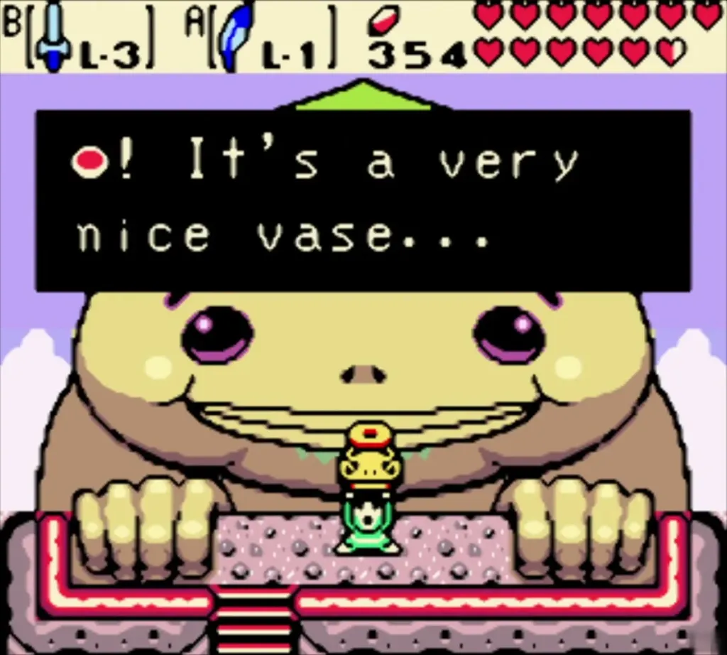 Link holding the Goron Vase over his head as Biggoron explains it is a very nice vase Link holding the Goron Vase over his head as Biggoron explains it is a very nice vase