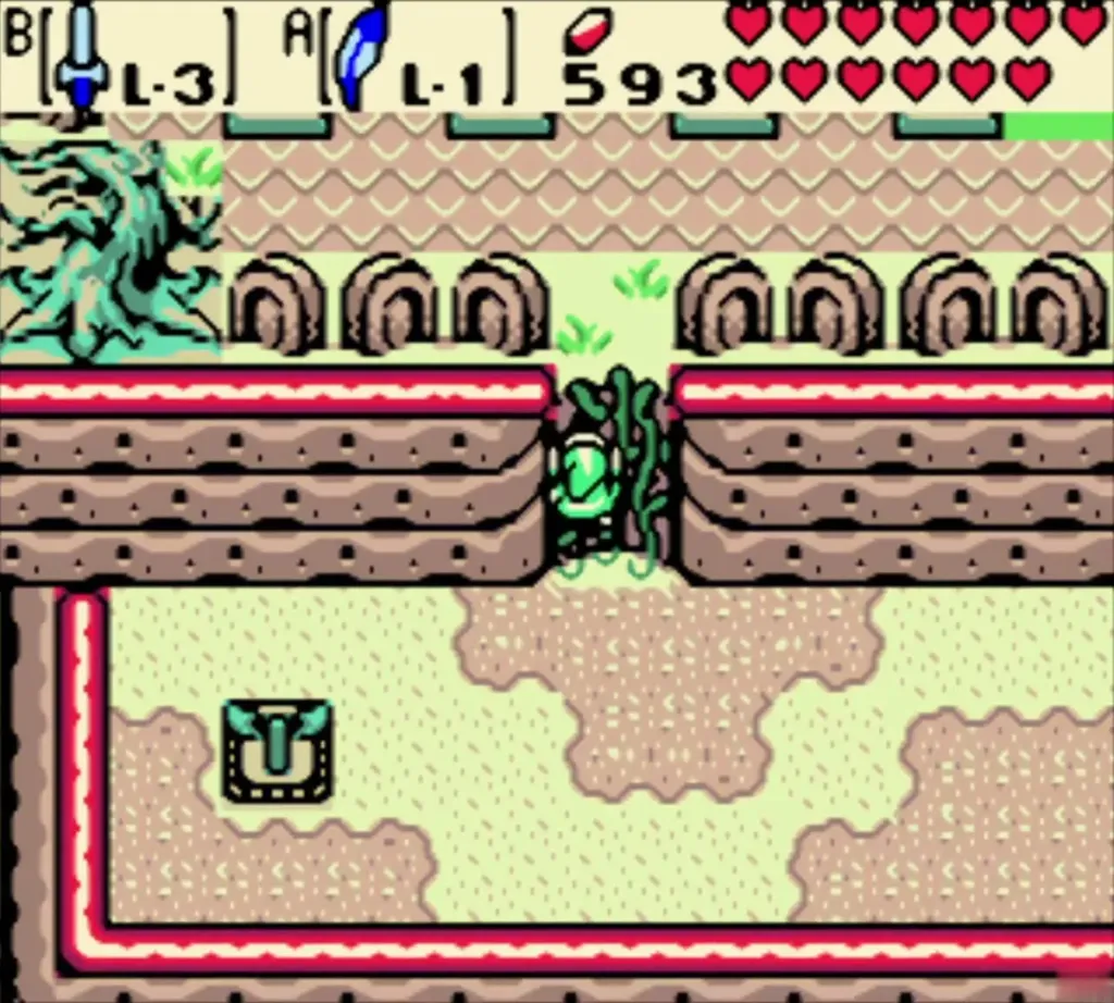 Link climbing the vines onto the graveyard screen beside a gravestone patch Link climbing the vines onto the graveyard screen beside a gravestone patch