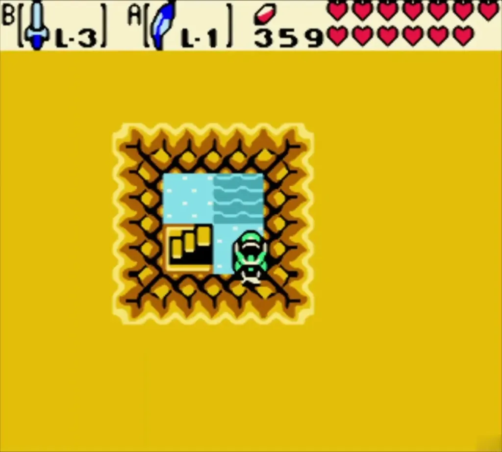 Link inside a small hut on a water-side platform beside the chest Link inside a small hut on a water-side platform beside the chest