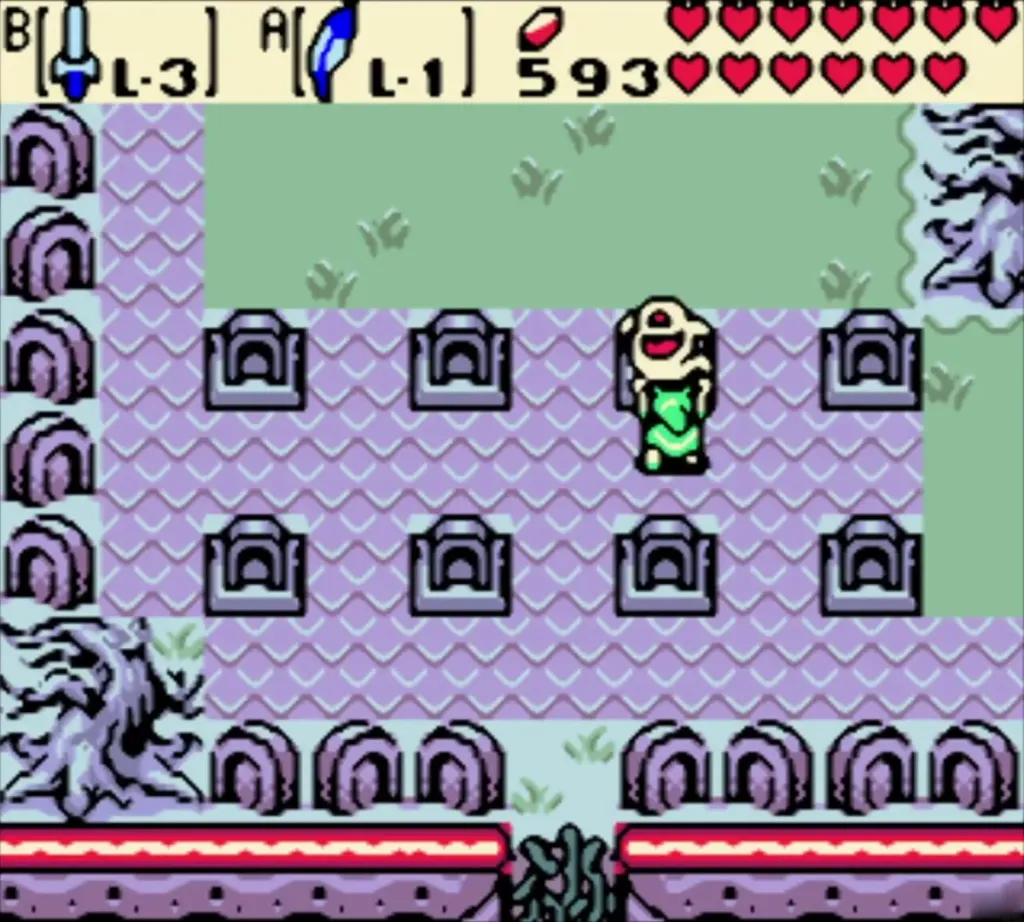 Link fighting a Ghini among the gravestones in the graveyard Link fighting a Ghini among the gravestones in the graveyard