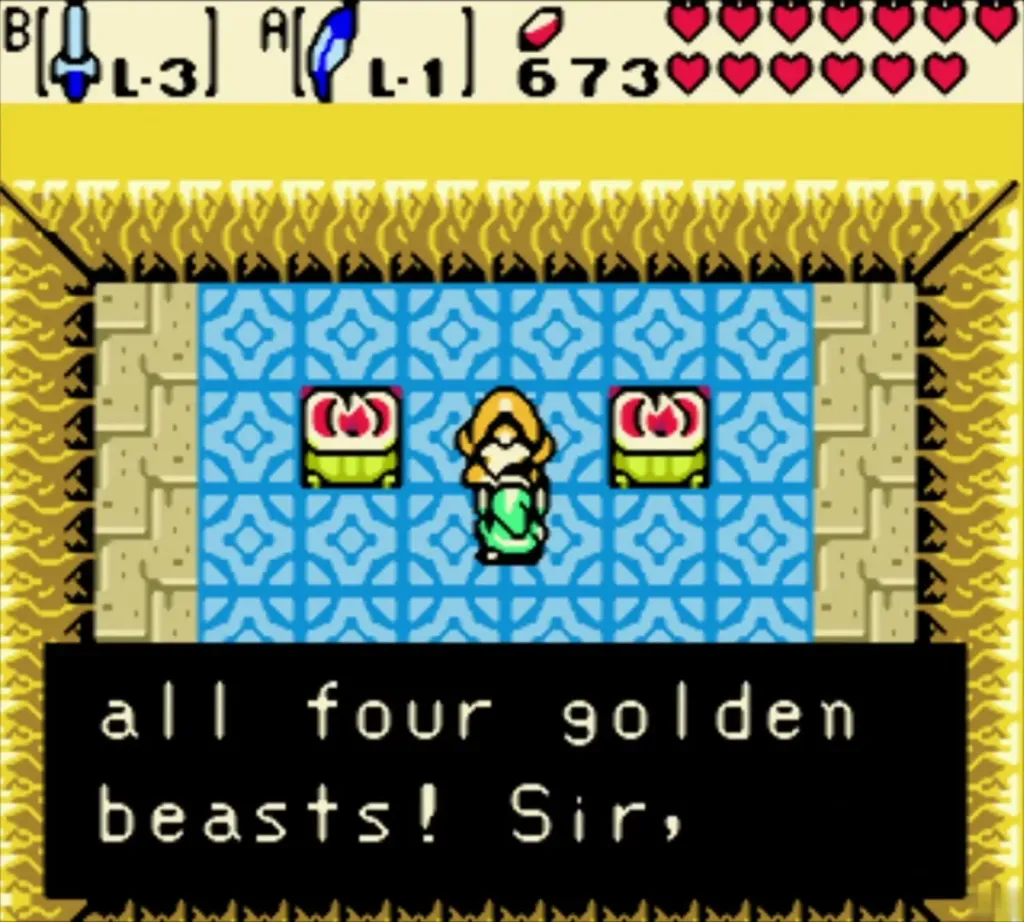 Link in the blue-tiled room hearing the old man speak of the four golden beasts Link in the blue-tiled room hearing the old man speak of the four golden beasts